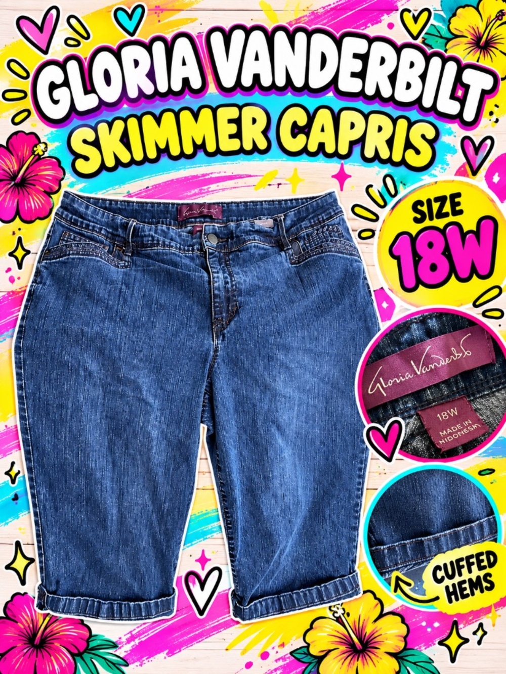 Gloria Vanderbilt Skimmer Denim Capris • Women’s 18W • Cuffed Blue Jeans